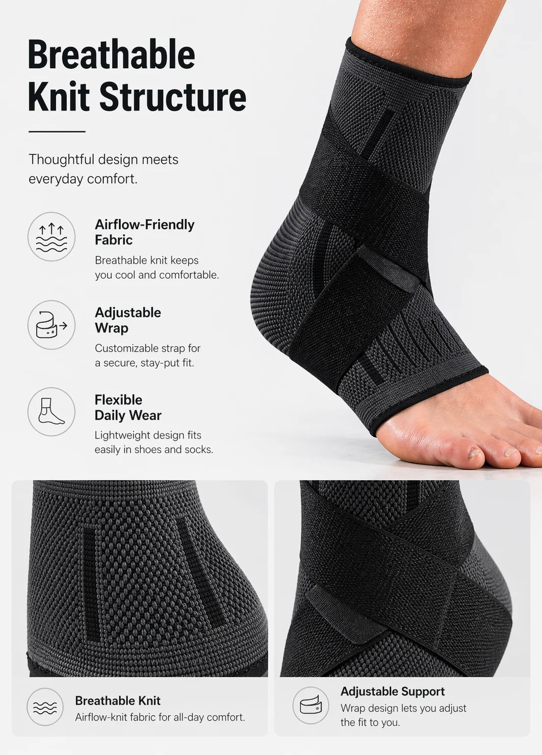 Ankle Support Brace with Adjustable Wrap Breathable Knit Compression Sleeve for Sports Workout Running Walking Fitness Daily Wea