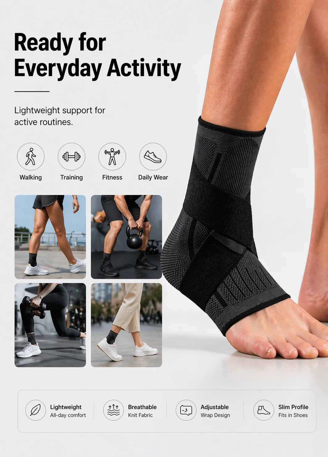 Ankle Support Brace with Adjustable Wrap Breathable Knit Compression Sleeve for Sports Workout Running Walking Fitness Daily Wea