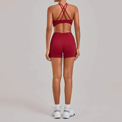 Gym Workout Clothing Detachable Chest Pad Cross Back Vest Yoga Shorts Sets Tight Quick-Dry Fitness Sports Shorts Suits for Women